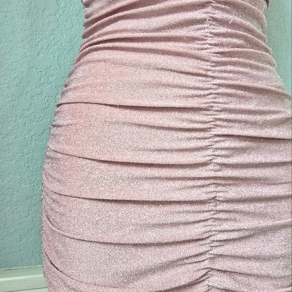 Mebius light pink midi dress | ruched with shimmery fabric | holiday or hoco - Picture 3 of 6